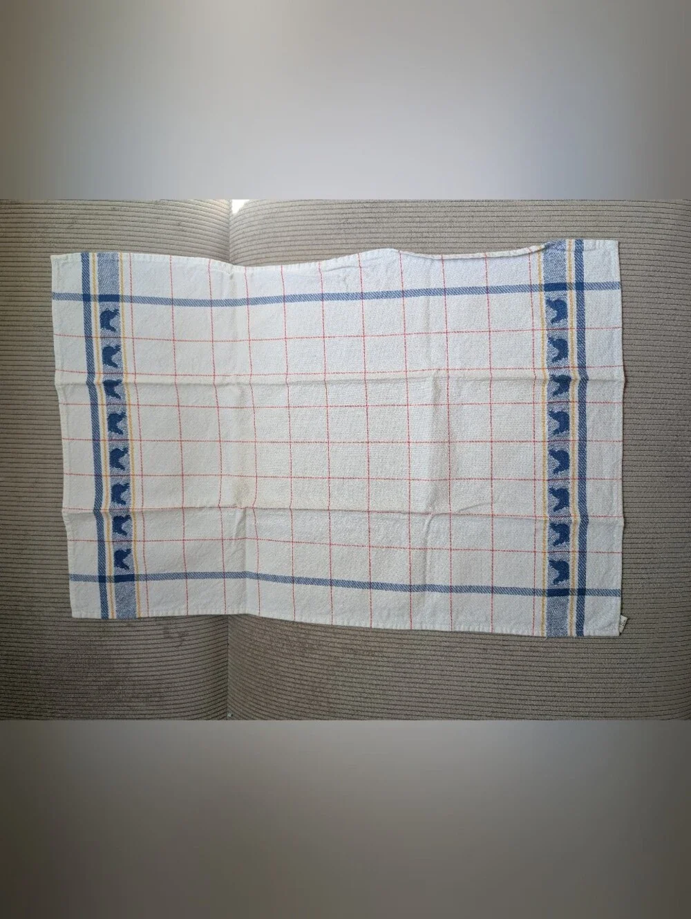 Vintage Santens Belgium Cotton Tea Towel Rooster Blue Border Grid Cottagecore